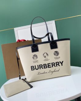 Burberry Cotton Spliced Calfskin Tote Bag