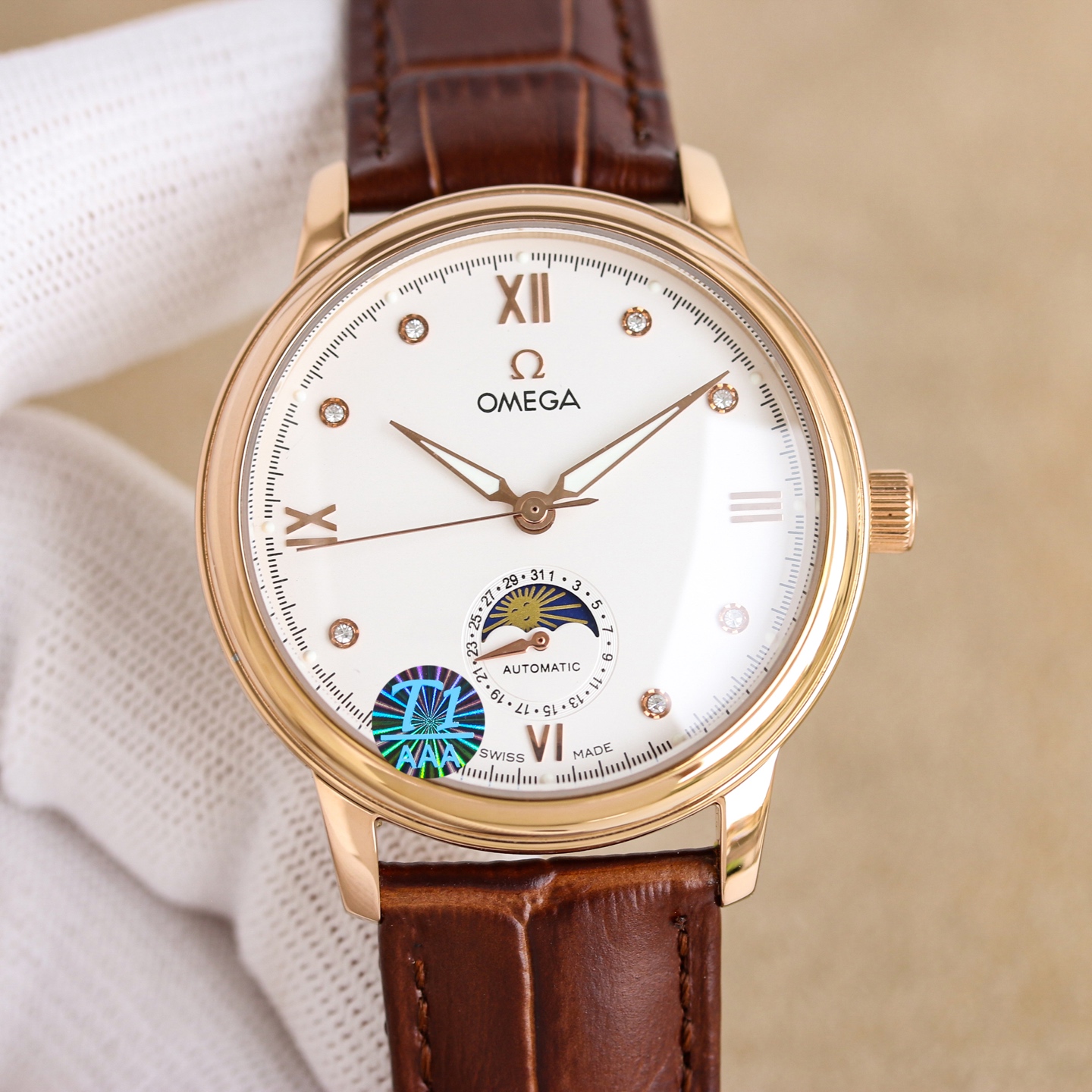 classic moon phase white watch